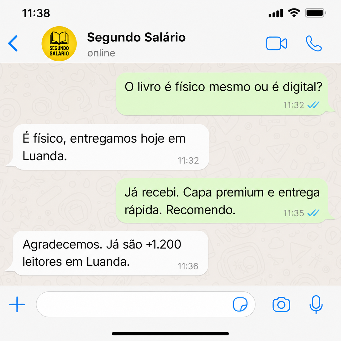 Conversa de WhatsApp com cliente que recebeu o livro em Luanda no mesmo dia